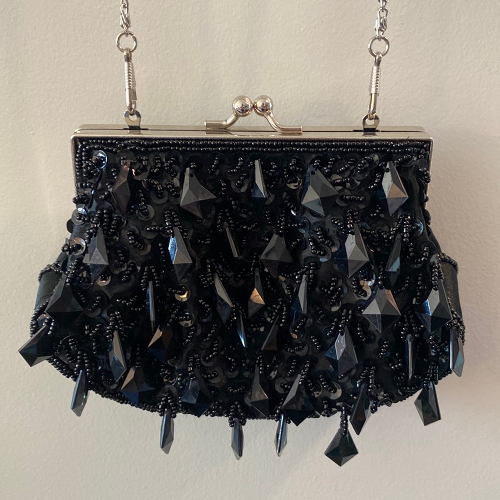 Vintage Bi Joux Terner Small Black Beaded and Quartz Clutch/ Purse/ Evening Bag